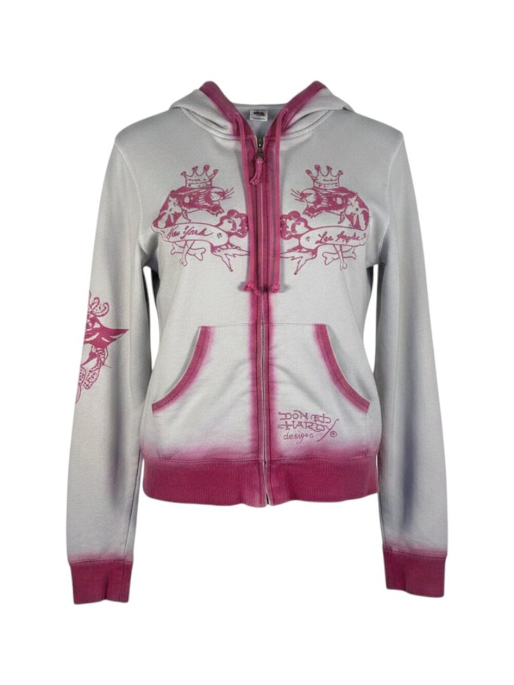 Ed Hardy White Pink Zip-Up Hoodie M Pink